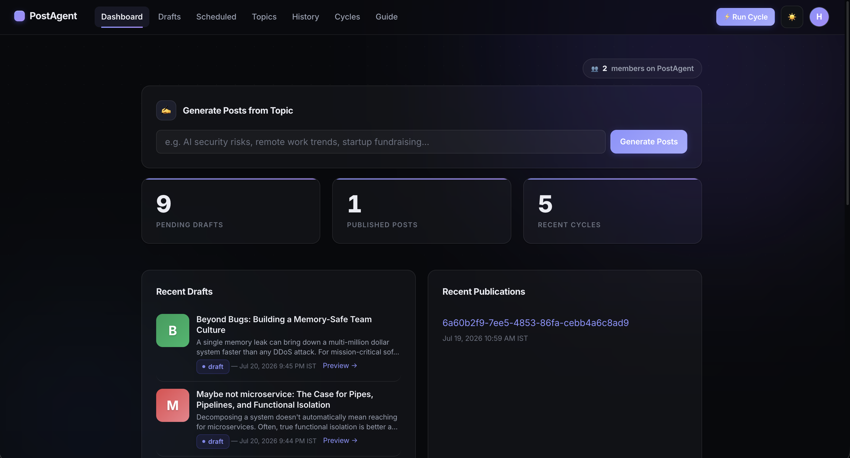 PostAgent — AI LinkedIn content SaaS dashboard